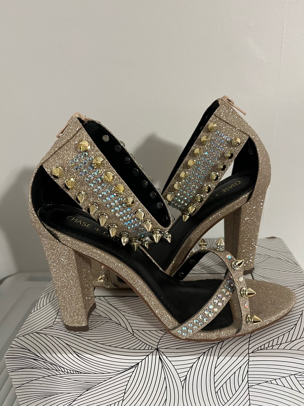 Chase + Chloe Rose Gold Glitter Spike and Crystal High Heels—Size 9